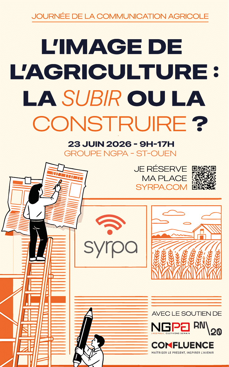 Affiche officielle de la JCA 2026 : L'image de l'agriculture, la subir ou la construire ? 23 juin 2026, 9h-17h, Groupe NGPA, Saint-Ouen.